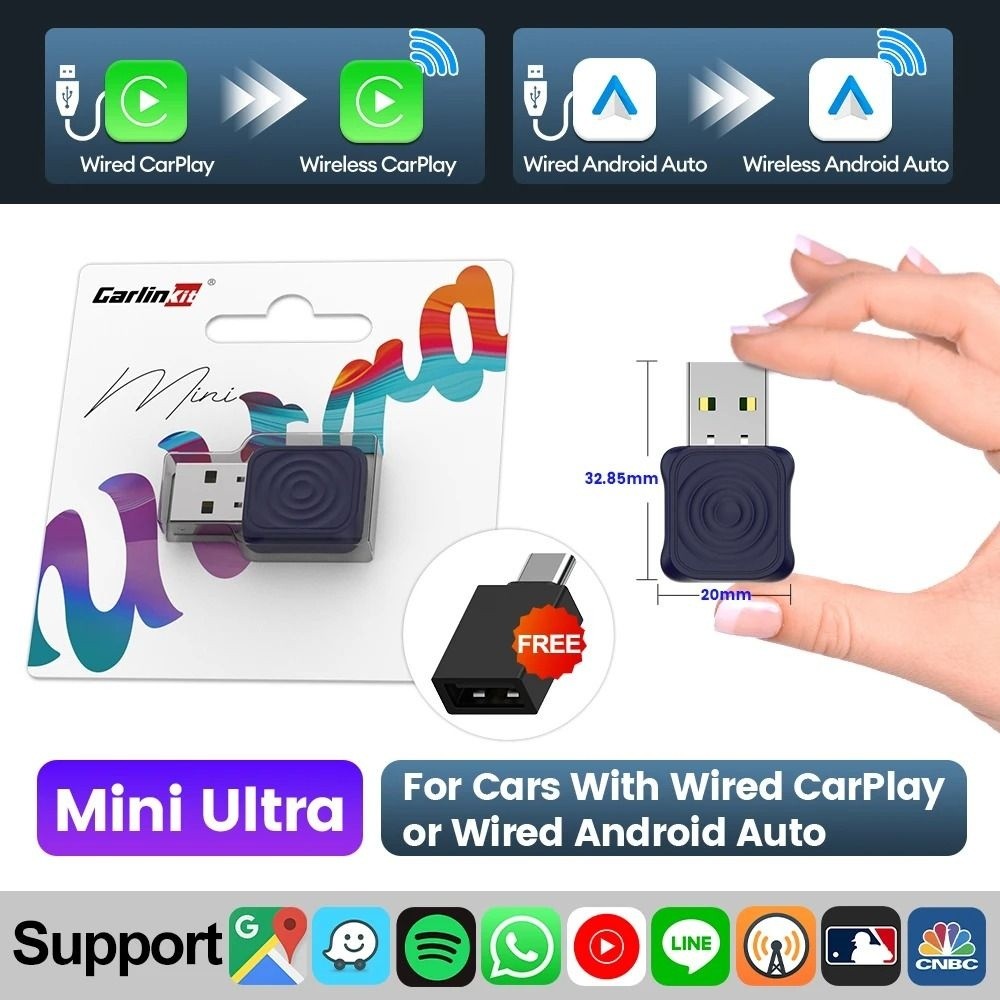Carlinkit 2in1 Mini Ultra Wireless CarPlay Android Auto Adapter Plug & Play Wired to Wireless Dongle