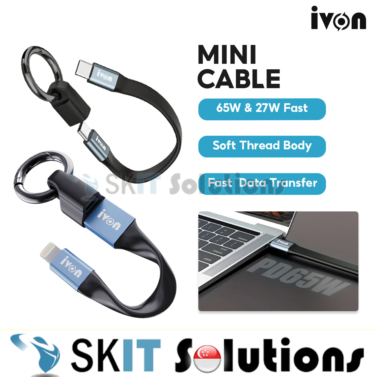 IVON CA90 Mini Clip-On Charge & Sync Cable w/ Key Ring PD65W/PD27W 65W USB-C to USB-C/to IOS 27W