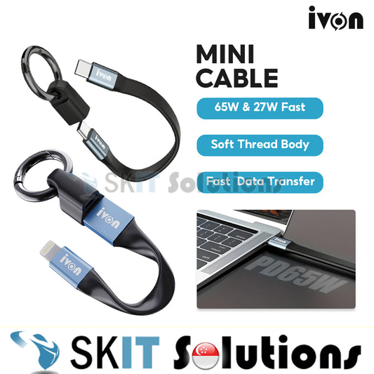 IVON CA90 Mini Clip-On Charge & Sync Cable w/ Key Ring PD65W/PD27W 65W USB-C to USB-C/to IOS 27W