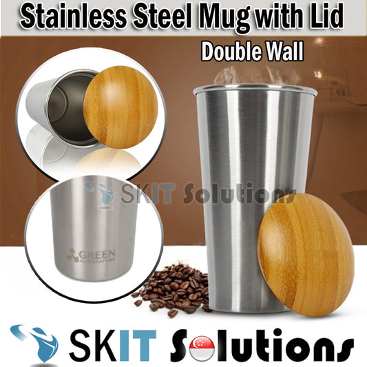 400ml/500ml Stainless Steel Double Wall Cup+Wooden Bamboo Lid BPA Free Vacuum Insulated Tumblers Mug