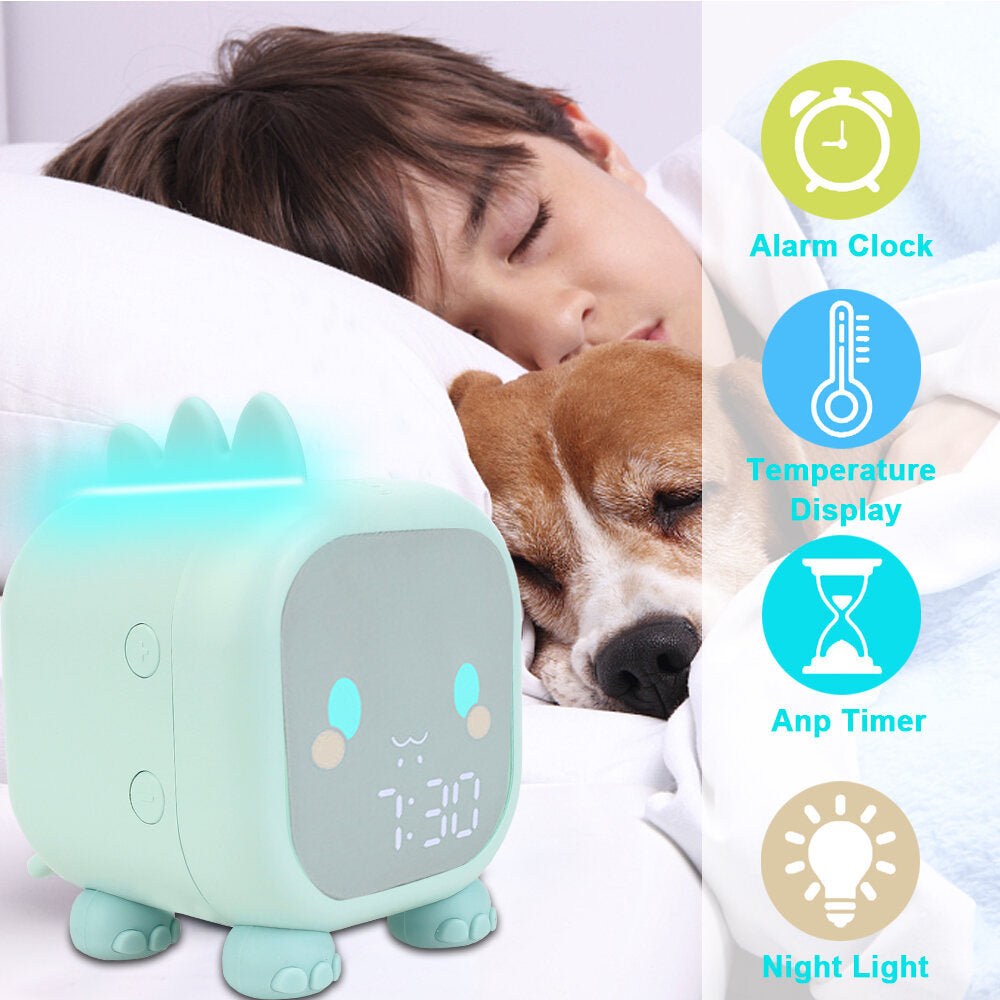 Cute Funny Dinosaur Digital Alarm Clock For Kid Bedside LED Sleep Trainer Temp Display Voice Control