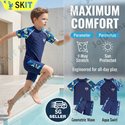 2PCS Boys Swimsuit Kids Swimwear Set Quick Dry Rash Guard Swim Trunks+Top Swimming Suit Wear 3-14Yrs