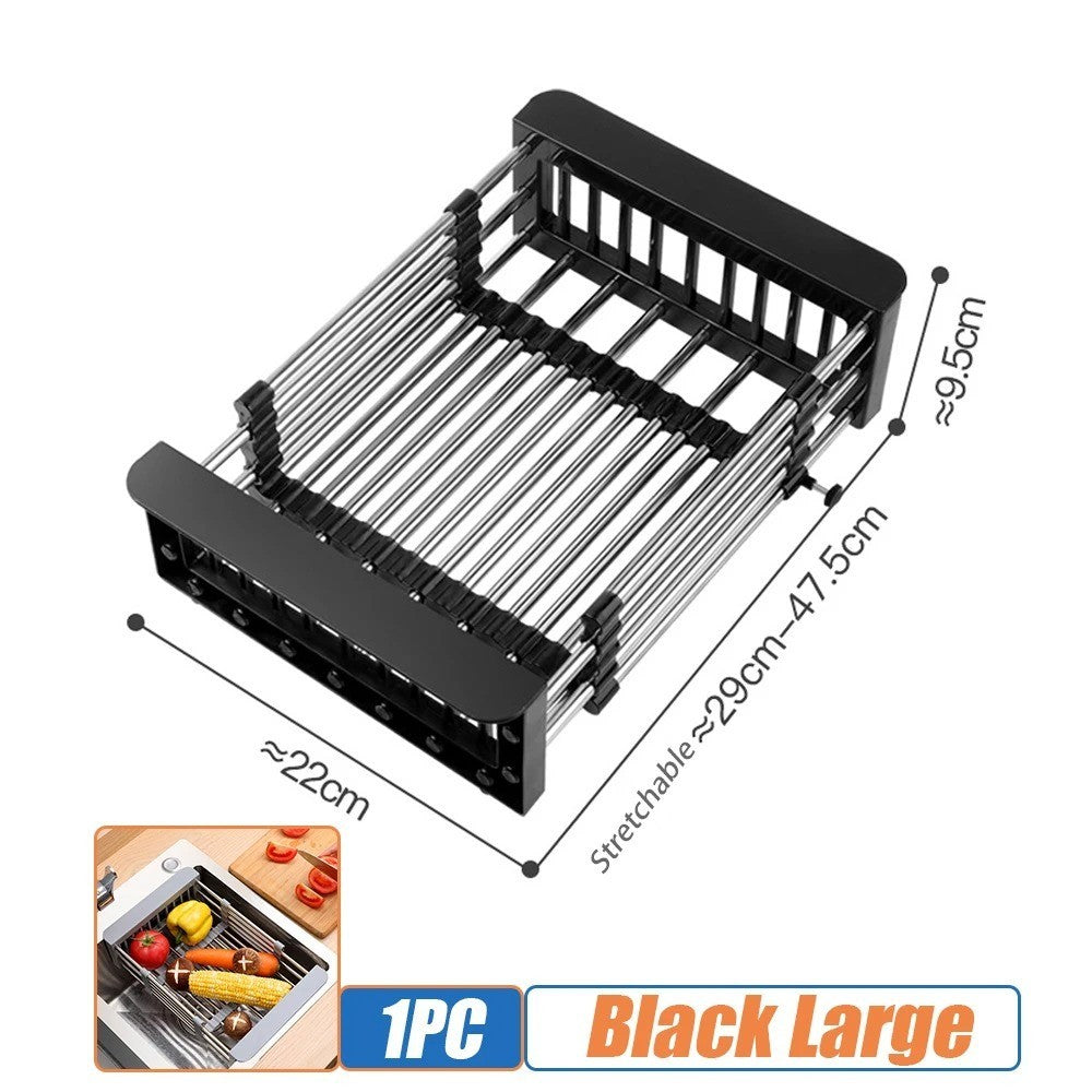 Retractable Stainless Steel Sink Drainer Rack Dish Drying Basket for Kitchen Fruits Vegetables