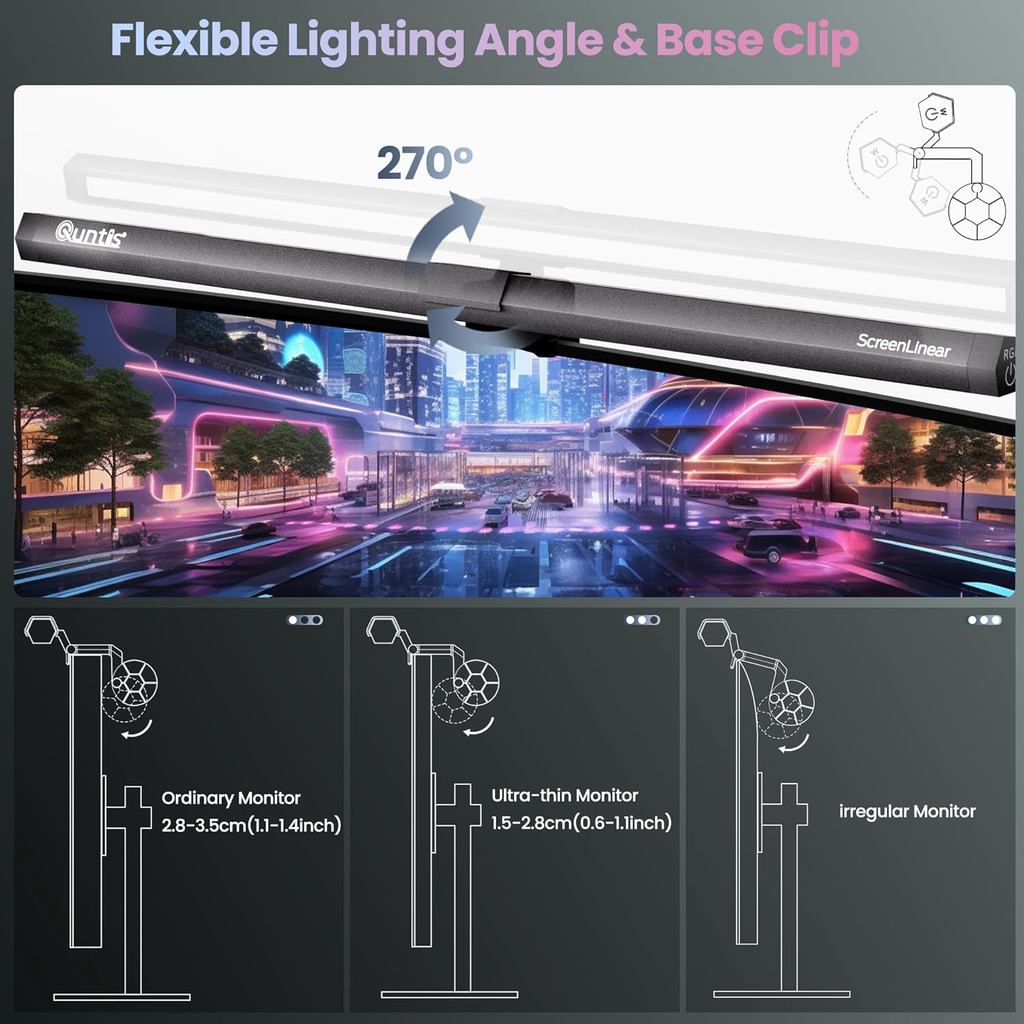 Adjustable LED Laptop Monitor Smart Screen Clip On Hanging Light w/ RGB Backlight USB Desktop e-Reading Table Lamp Bar