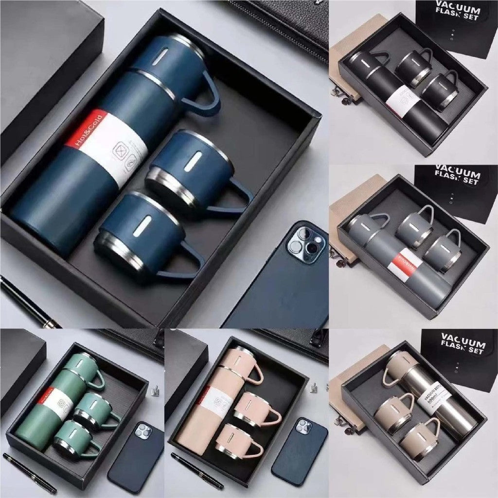3in1 Thermal Flask Gift Set 500ml SUS304 Vacuum Insulated Water Bottle 3 Cups Christmas Corporate