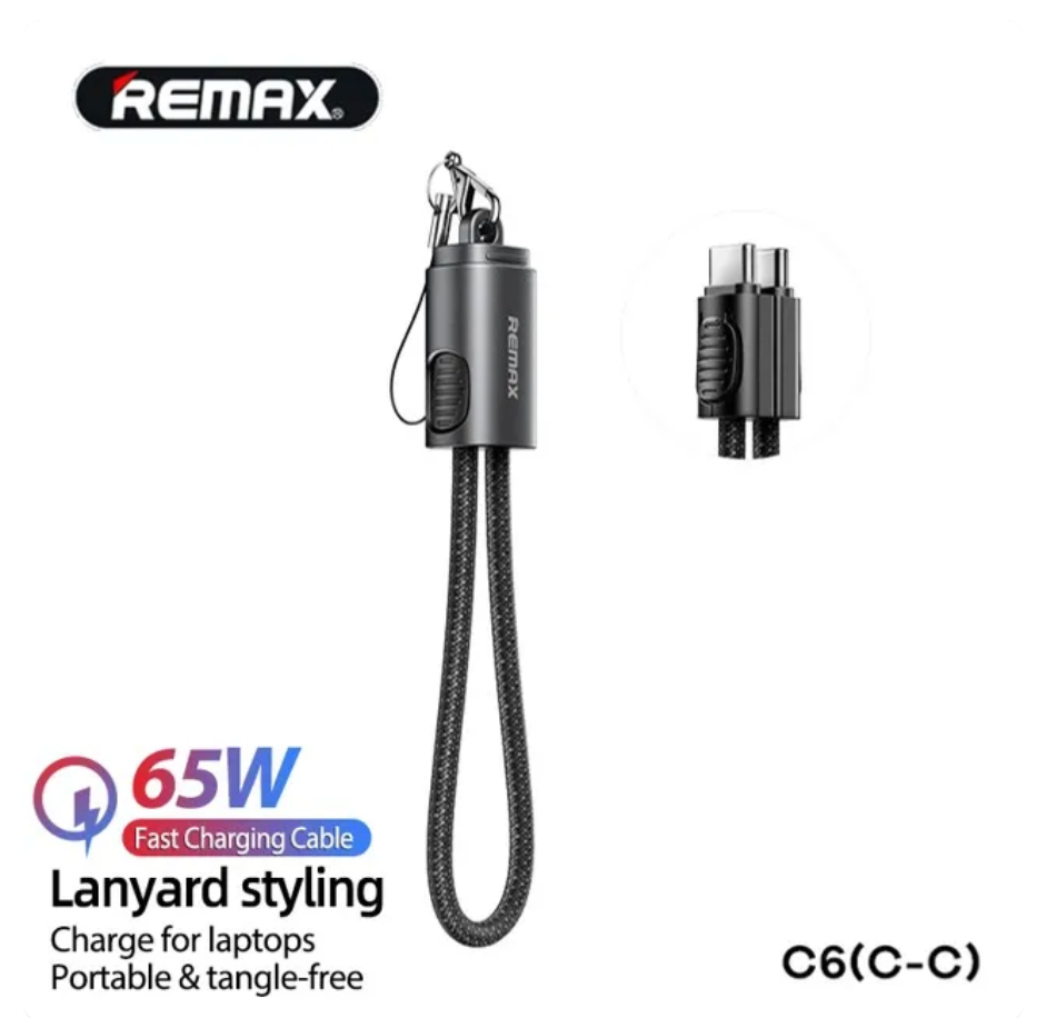 0.2 Meter Remax C6 Type C to Type C 65W Super Fast Charging Data Sync Charger Hanging Rope Braided Cable