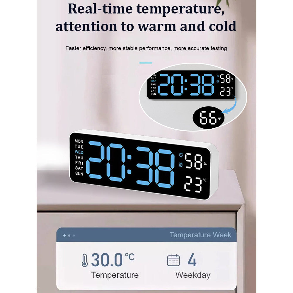Smart LED Digital Wall Desk Clock Large Display Alarm Temperature Humidity 12 24H Auto Dimmer Timer