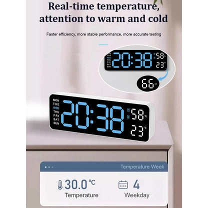 Smart LED Digital Wall Desk Clock Large Display Alarm Temperature Humidity 12 24H Auto Dimmer Timer