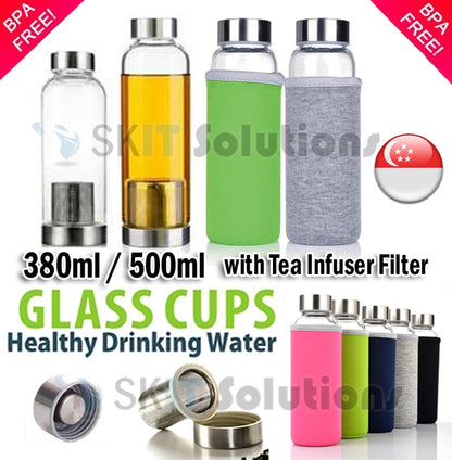 380ml BPA Free Glass Water Bottle with Tea Filter Infuser & Protective Sleeve Bag