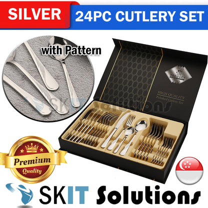 24PCS Cutlery Set Stainless Steel Spoon Fork Knife Tableware Gift Box Dinner Kitchen Dinnerware