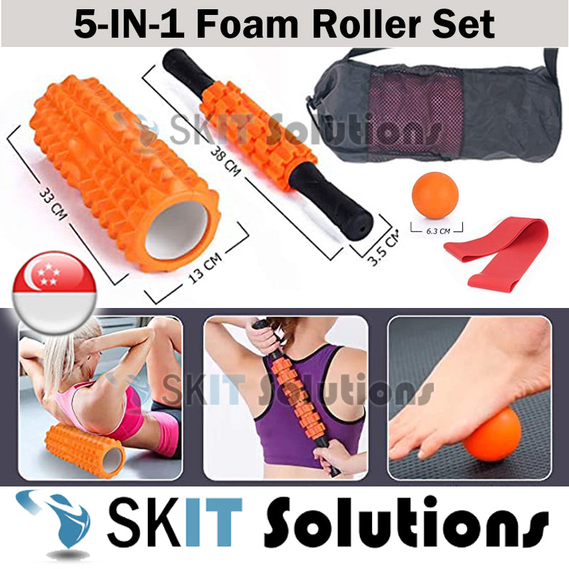 ★5in1 Yoga Gym Fitness Exercise★Massage Foam Roller+Stick+Elastic Bands+Ball+Bag★Back Pain Muscle★