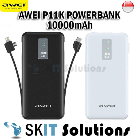 Awei P11K 10000mAh Power Bank Battery w Charging Cable Type-C Micro IOS 3 Output LED Power Display