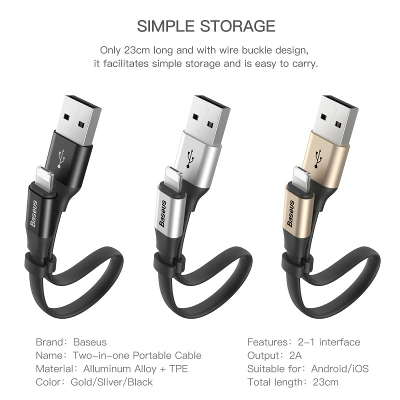 Baseus Two-in-One 2in1 Portable Cable iOS Android iPhone Samsung Wire 23cm Short