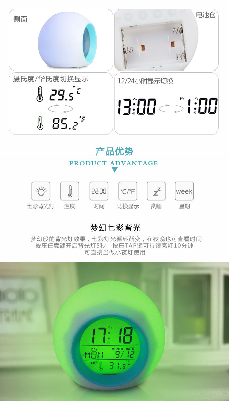 Digital Alarm Clock Colour Changing Glowing LED Time Date Temperature Day Week