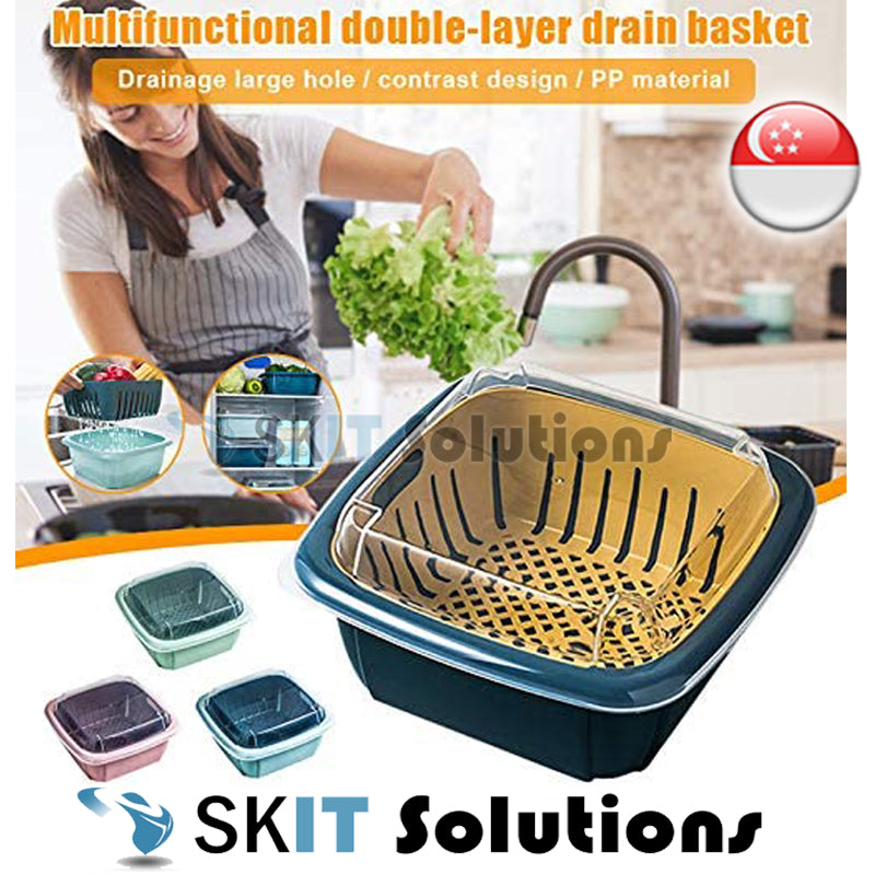 ★Kitchen Multifunction Double-layer Drain Basket Storage Box with Lid Plastic Fruit Refrigerator★