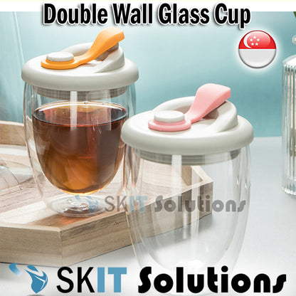 Double Wall Insulated Drinking Glass Cup Coffee Mug Heat Resistance Clear Design With Lid Cover