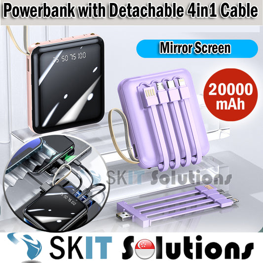 Mirror Screen 20000mAh Mini Power Bank 4in1 DETACHABLE Cables Powerbank Mirror Screen with LED Light