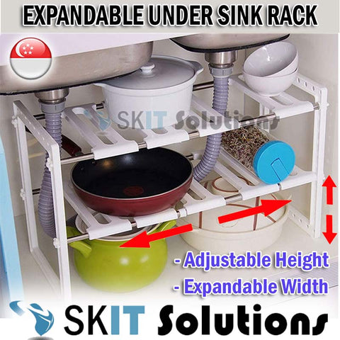 2-Tier Expandable Under Sink Kitchen Bathroom Storage Shelf Rack Organizer Adjustable Length Height