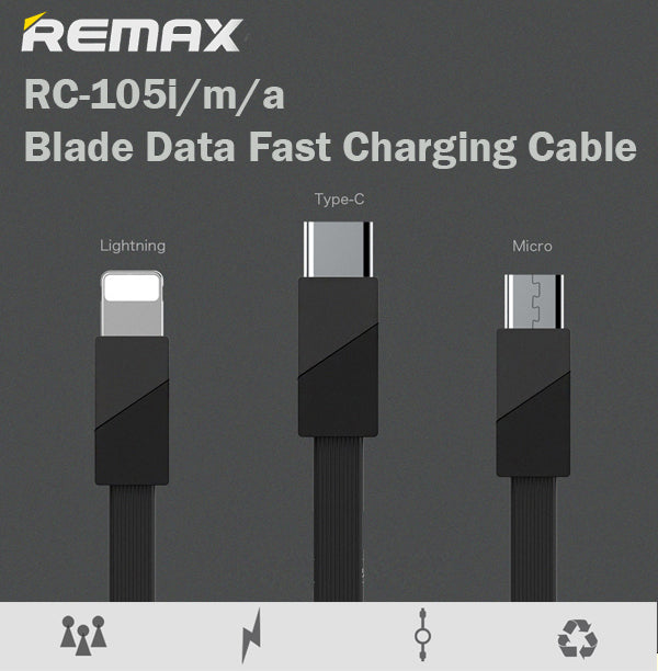 Remax RC-105m/i/a Blade Fast Charging Data Transfer Cable Lightning Micro Type C