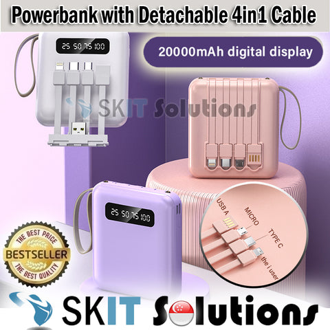20000mAh Mini Power Bank 4in1 DETACHABLE Cables Powerbank Emergency Charger with LED Light Lanyard