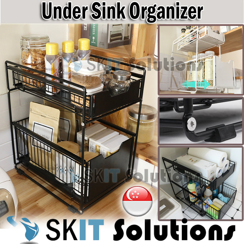 Under Sink 2-Tier Rack with Sliding Drawer★Stackable Kitchen Cabinet Shelf Storage★Spice Organizer★