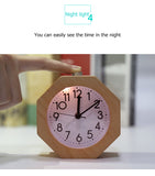 Wooden Octagon  Alarm Clock Silent Night Light No Ticking Backlight Snooze Clocks