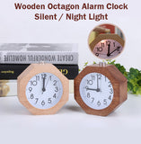 Wooden Octagon  Alarm Clock Silent Night Light No Ticking Backlight Snooze Clocks