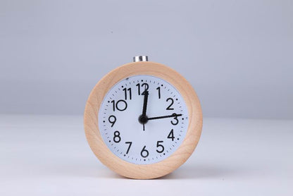 Wooden Round Alarm Clock Silent Night Light No Ticking Backlight Snooze Circular