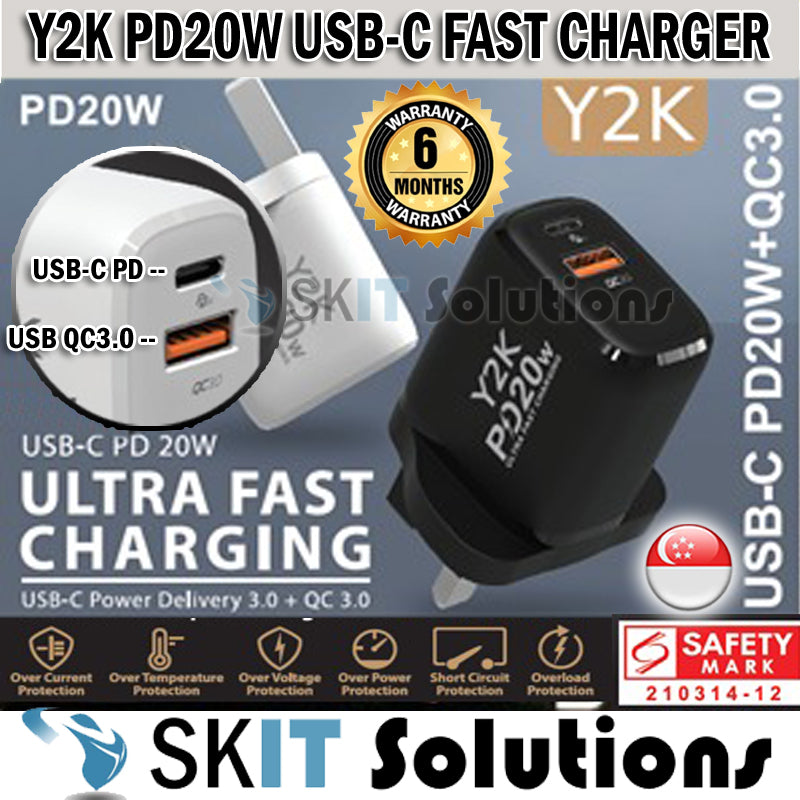 Y2K Dual Port USB-C PD 20W  USB QC3.0 Fast Charging 3-Pin Wall Charger Type C Adapter with Safety Mark and 6 Months Warranty