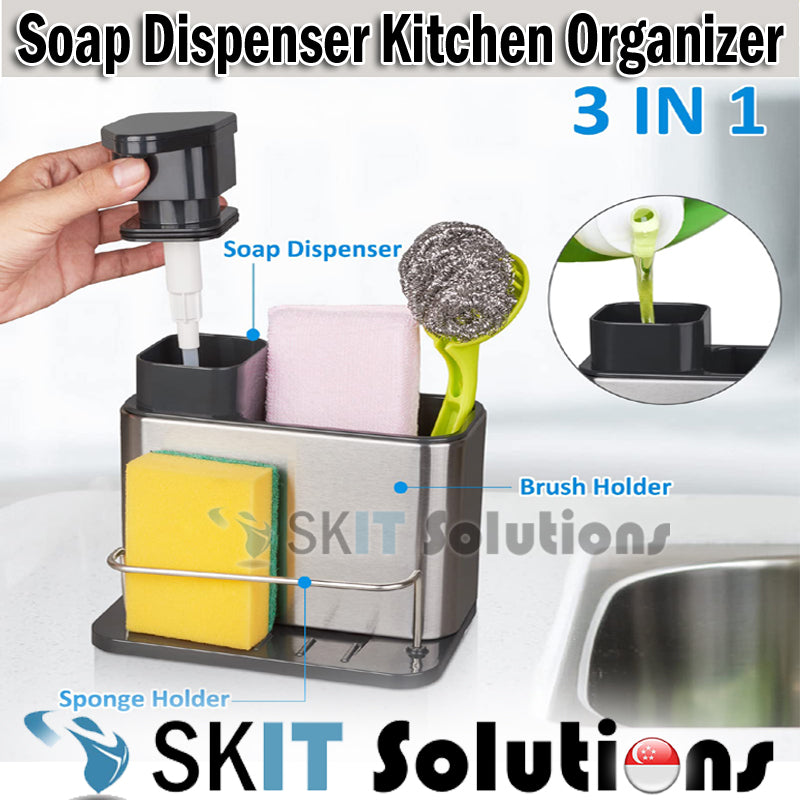 3-In-1 Stainless Steel Kitchen Soap Dispenser Sponge Holder Sink Organizer Rustproof Drainer Rack